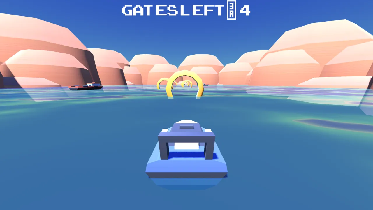 Seaward gameplay: a low-poly boat weaving between canyon gates