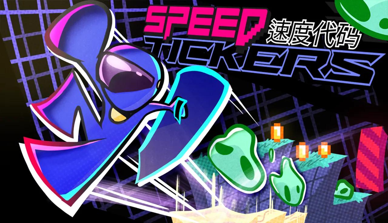 Speedtickers cover art: a blue character sliding across a neon grid